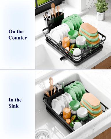 Kitsure dish drying rack adjustable water outlet drains into sink for dry counters.