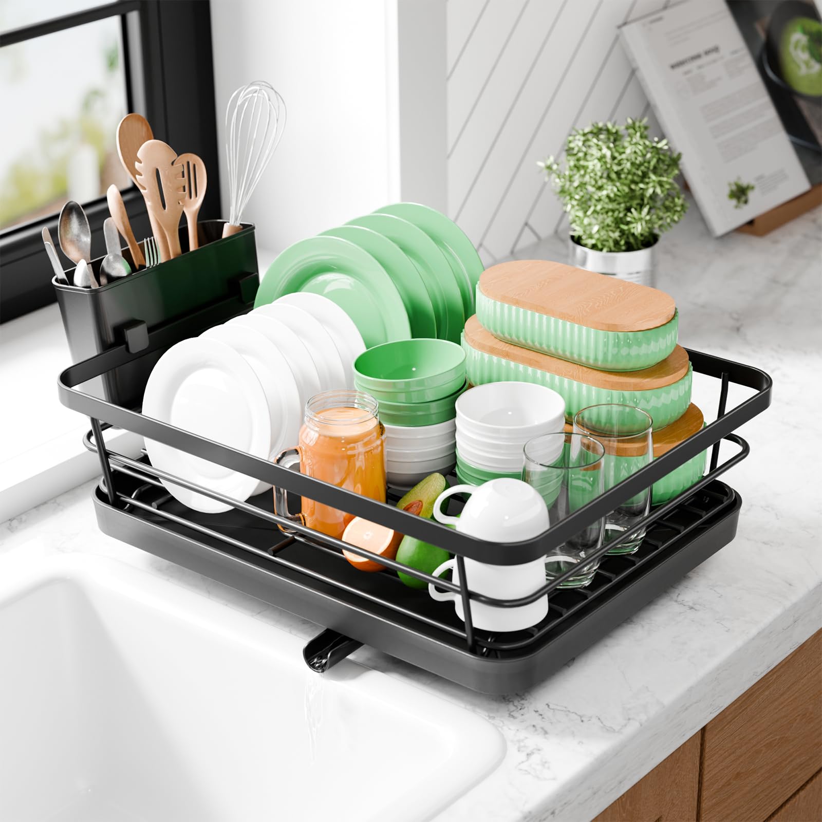 Kitsure dish drying rack compact design on counter keeps countertops clutter-free.