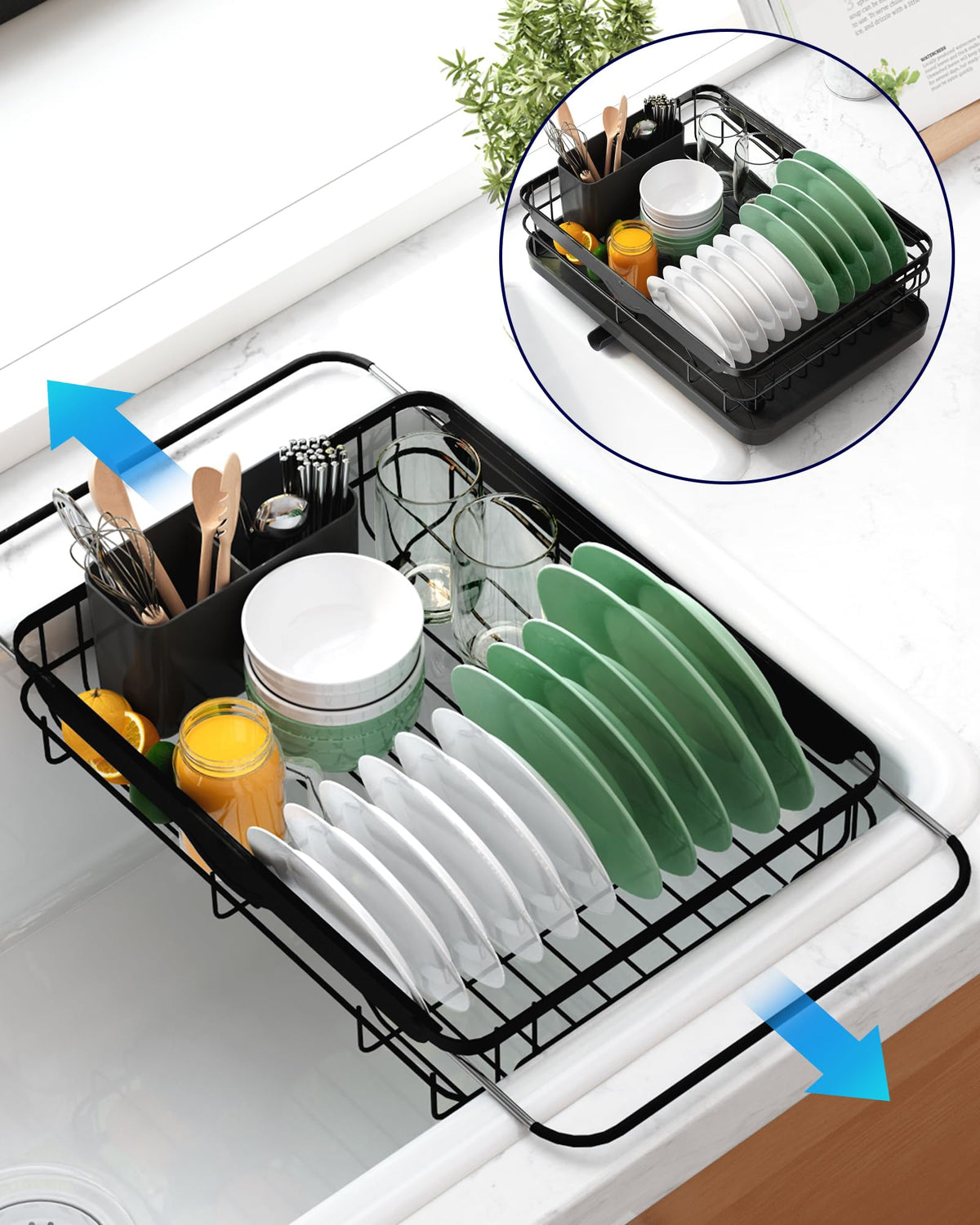 Kitsure dish drying rack on counter showing compact footprint for small kitchens.