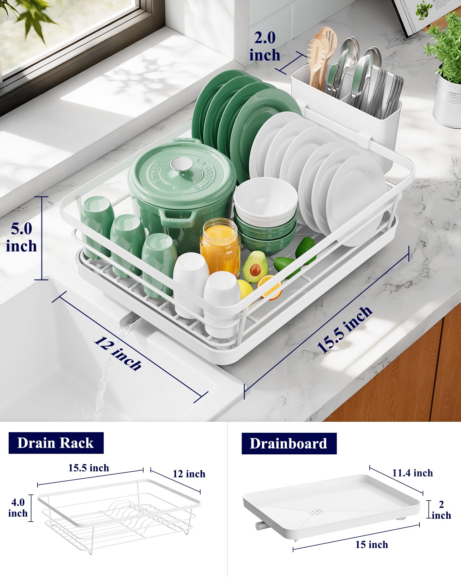 Kitsure dish drying rack showing detachable cutlery holder for organized utensils
