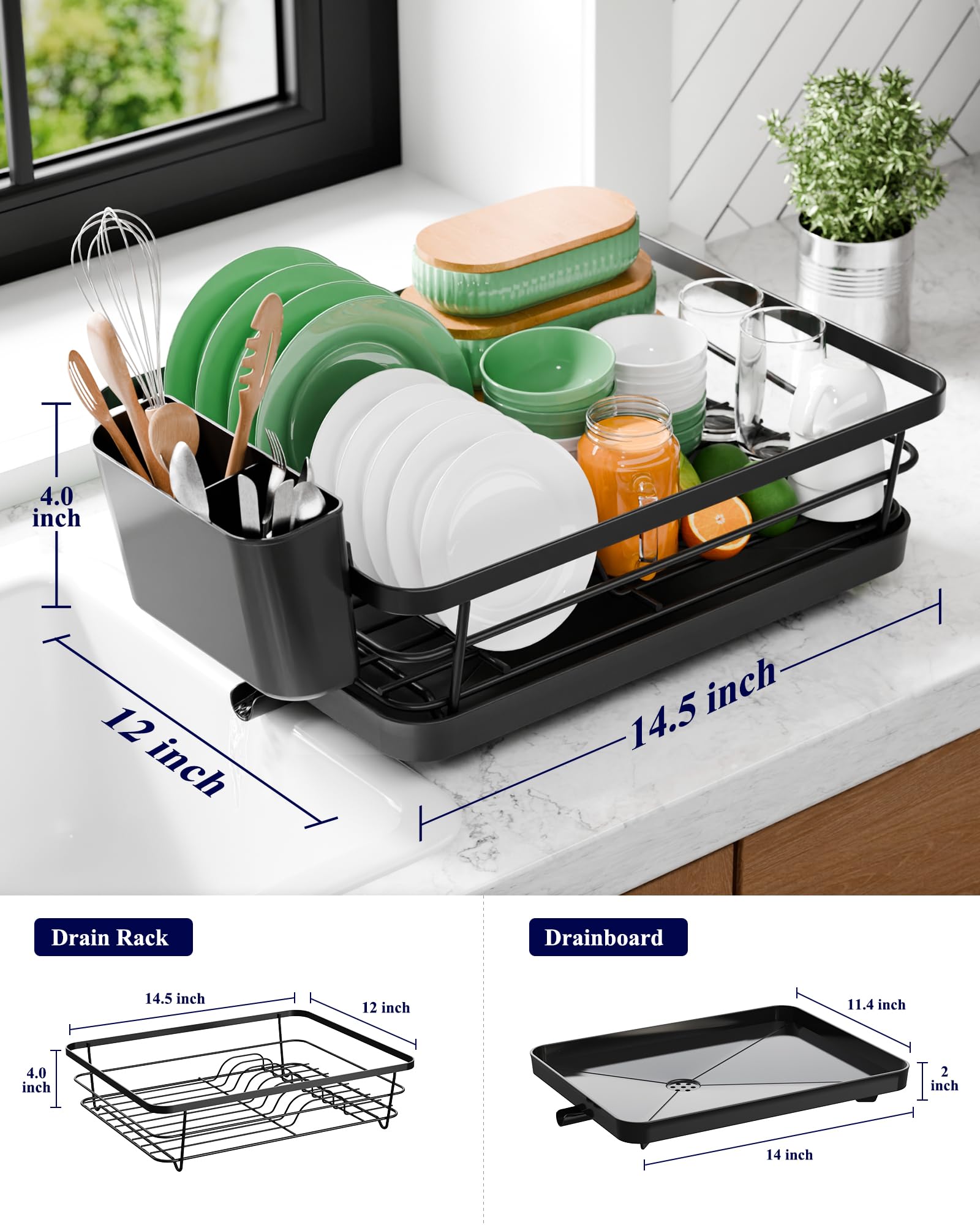 Kitsure dish drying rack with utensil holder organizes cutlery for easy access.