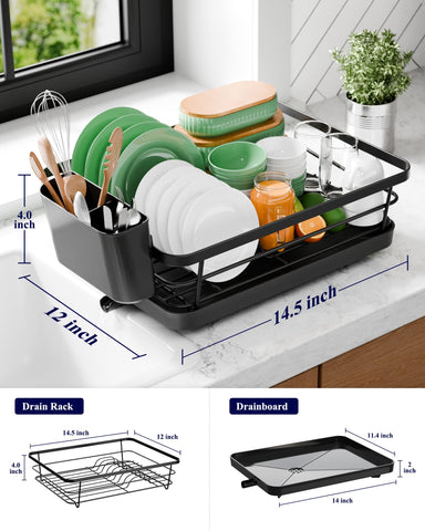 Kitsure dish drying rack with utensil holder organizes cutlery for easy access.