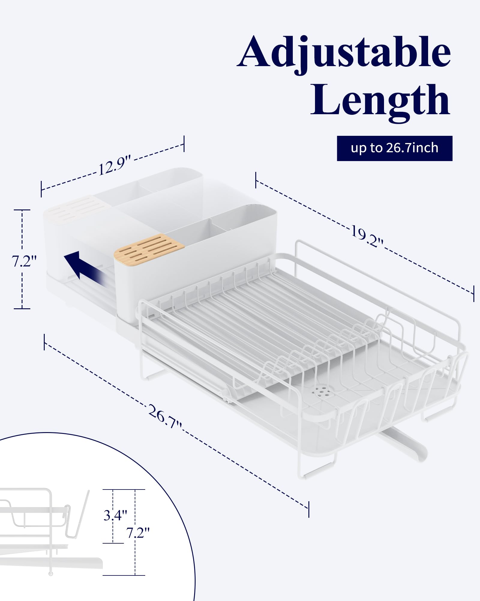 Kitsure dish drying rack with drainboard displaying organized cup, spoon, and plate holders.