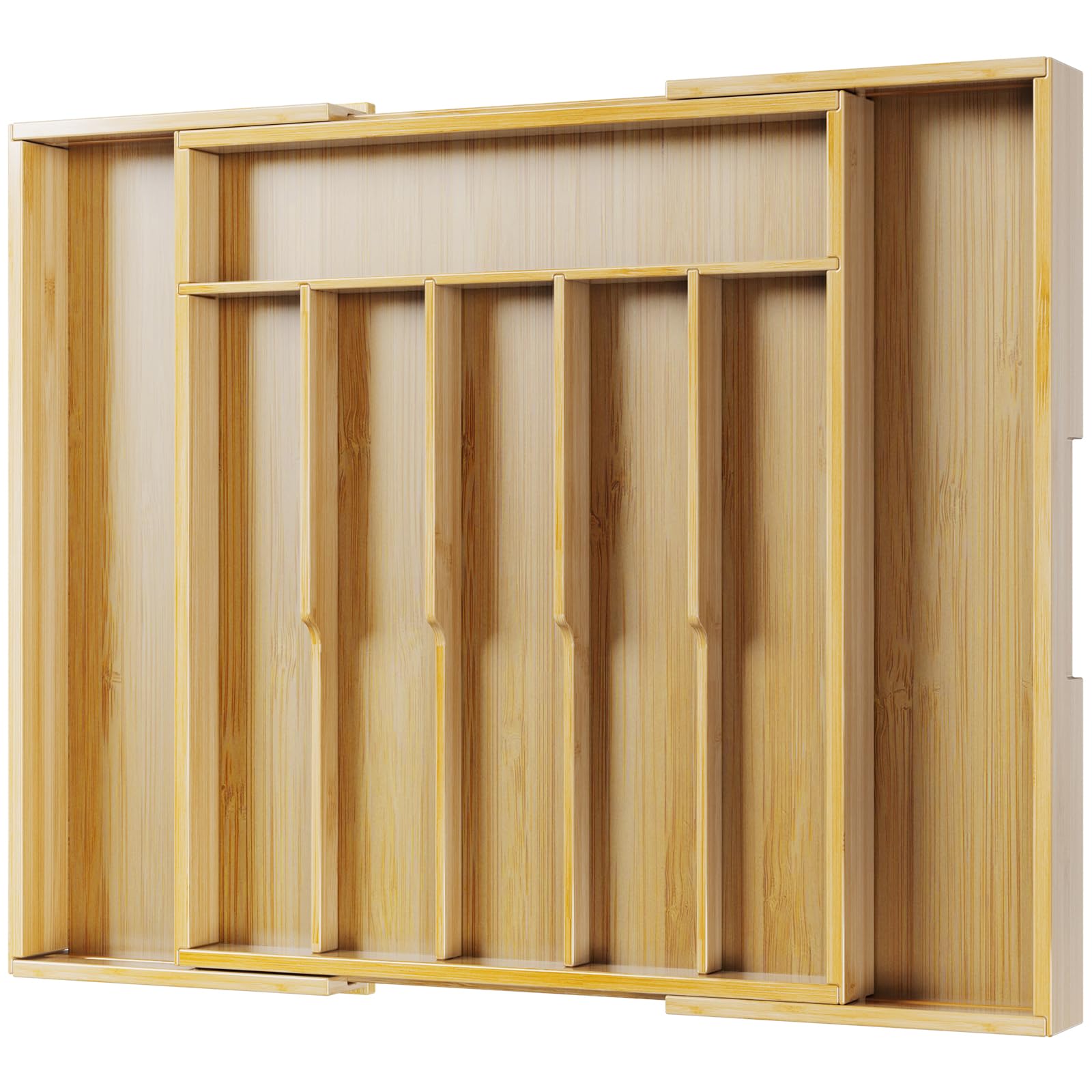 Kitsure expandable bamboo silverware organizer in extended drawer layout for tidy flatware.
