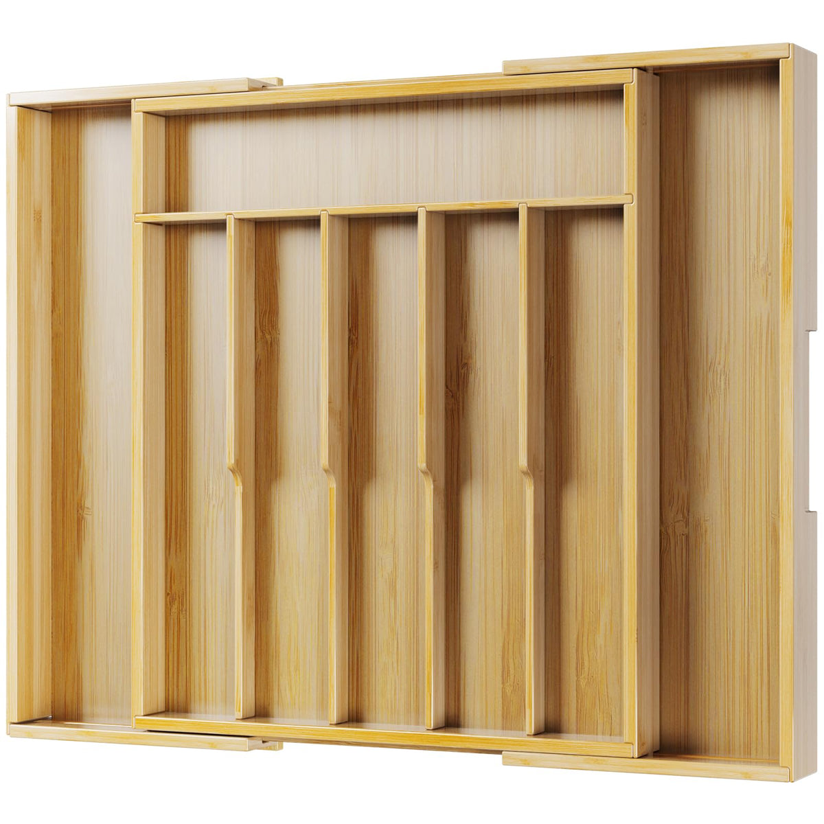 Kitsure expandable bamboo silverware organizer in extended drawer layout for tidy flatware.