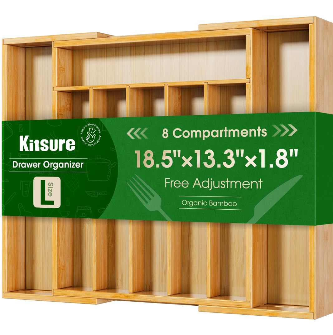 Kitsure expandable bamboo utensil drawer close up showing compact layout and organizer function