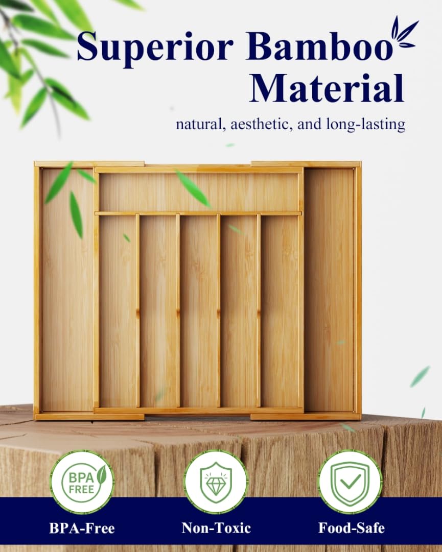 Kitsure expandable bamboo utensil drawer extended to full length for larger sets