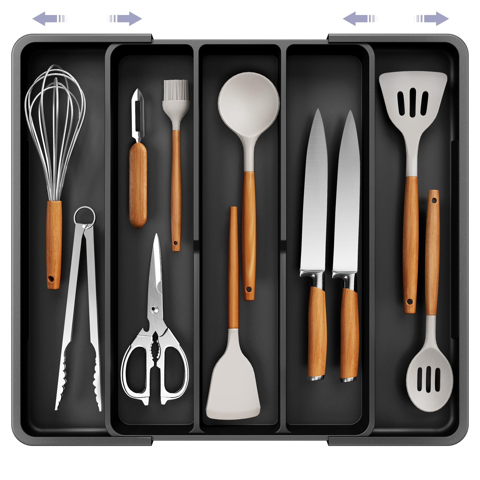 Kitsure expandable silverware organizer in black with five compartments for tidy drawers