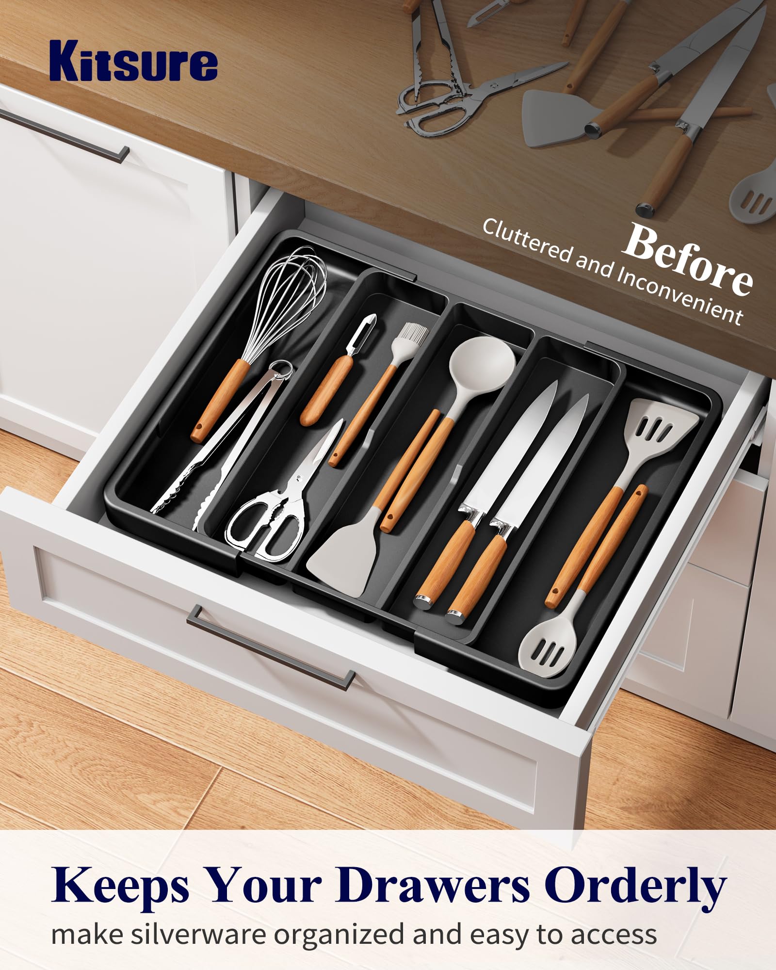 Kitsure expandable silverware organizer with side handles for easy lifting in black