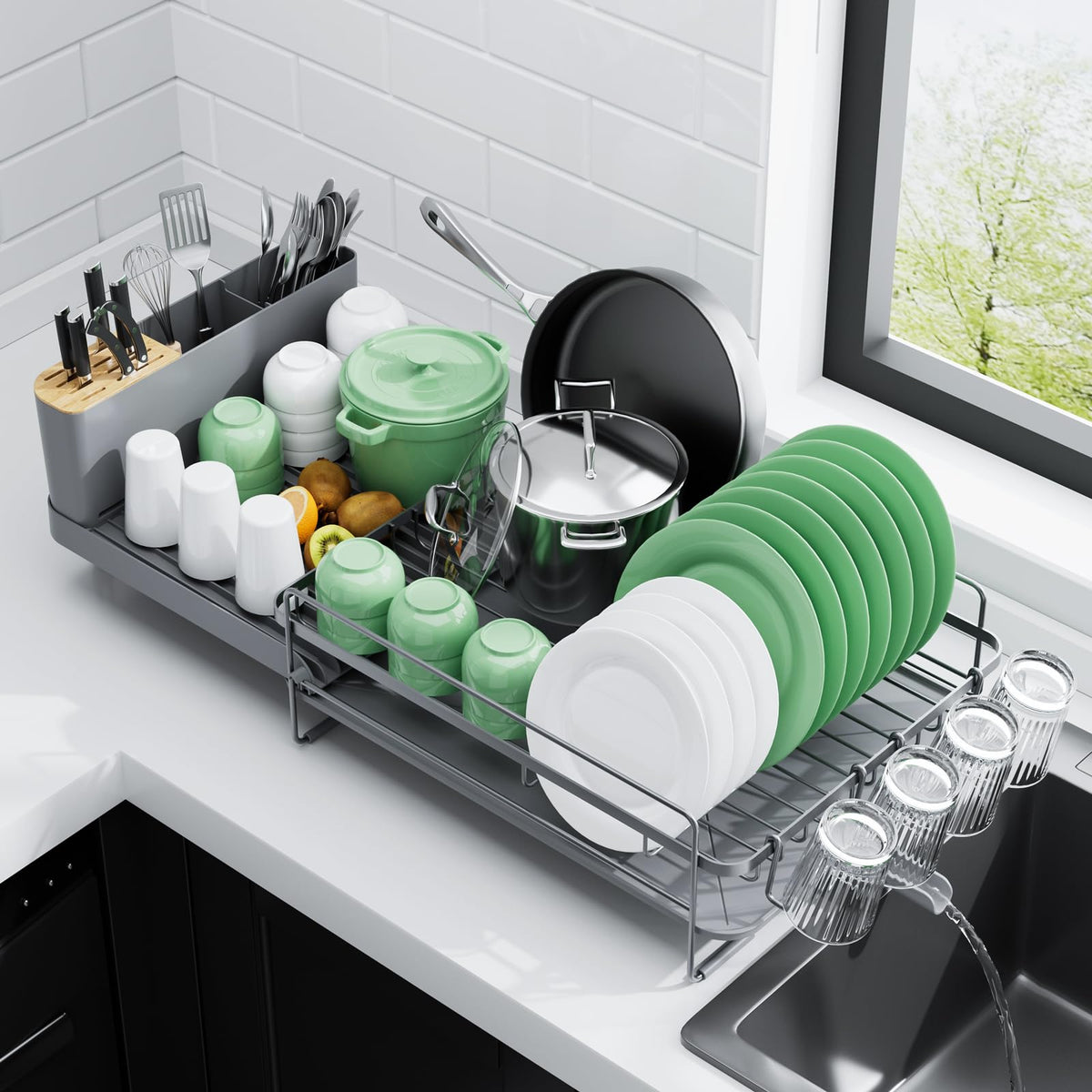 Kitsure extendable dish drying rack extended length for flexible countertop setup