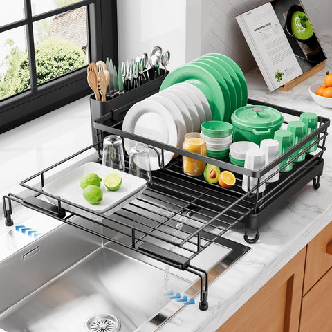 Kitsure extendable dish drying rack over the sink in extended mode, saving counter space.