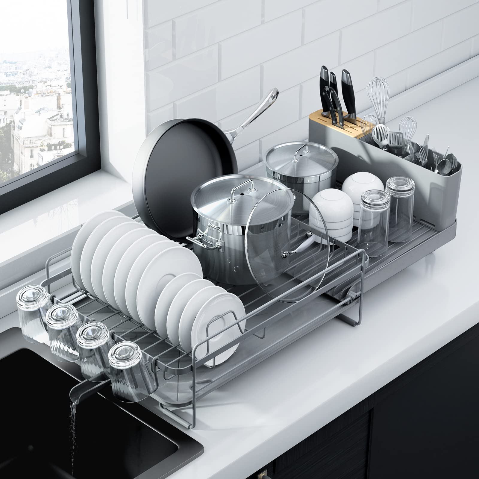 Kitsure extendable dish drying rack extended to fit longer countertops for organized air-drying