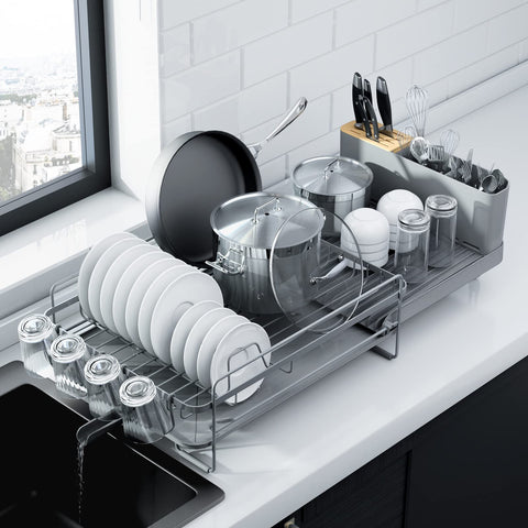 Kitsure extendable dish drying rack extended to fit longer countertops for organized air-drying