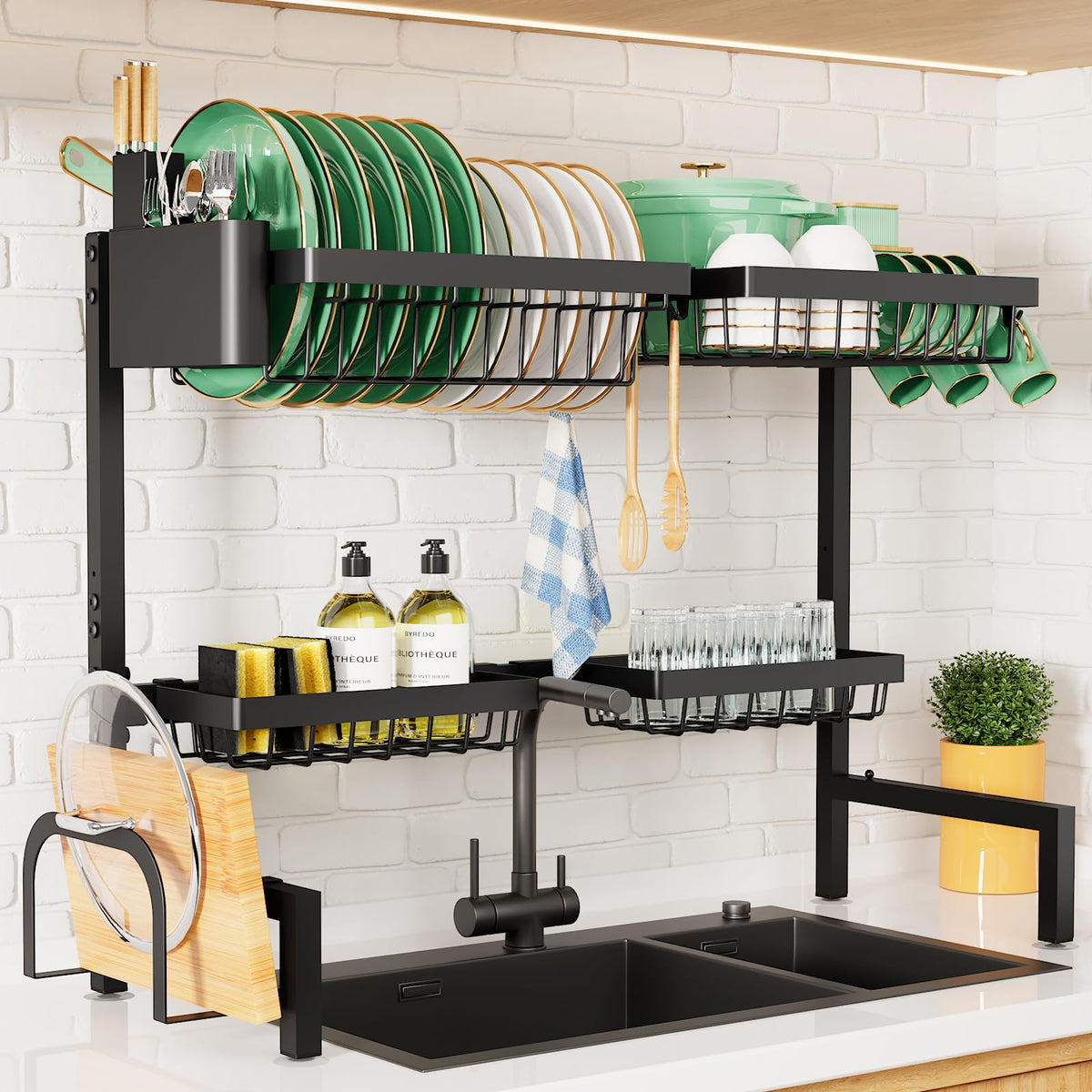 Kitsure over-the-sink rack extended width keeps dishes organized while draining into the sink