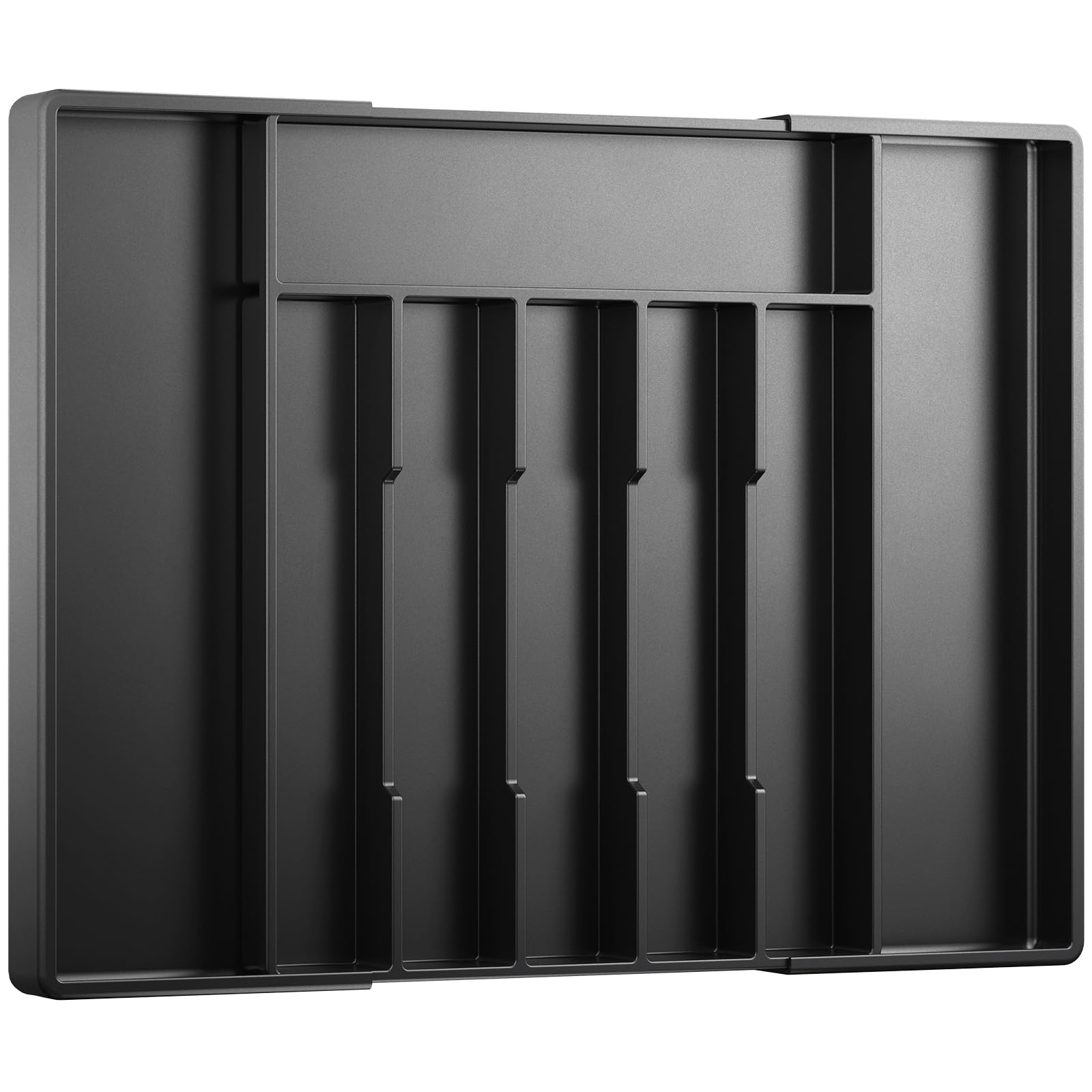 Kitsure silverware organizer in a drawer shows extendable width for a customizable fit