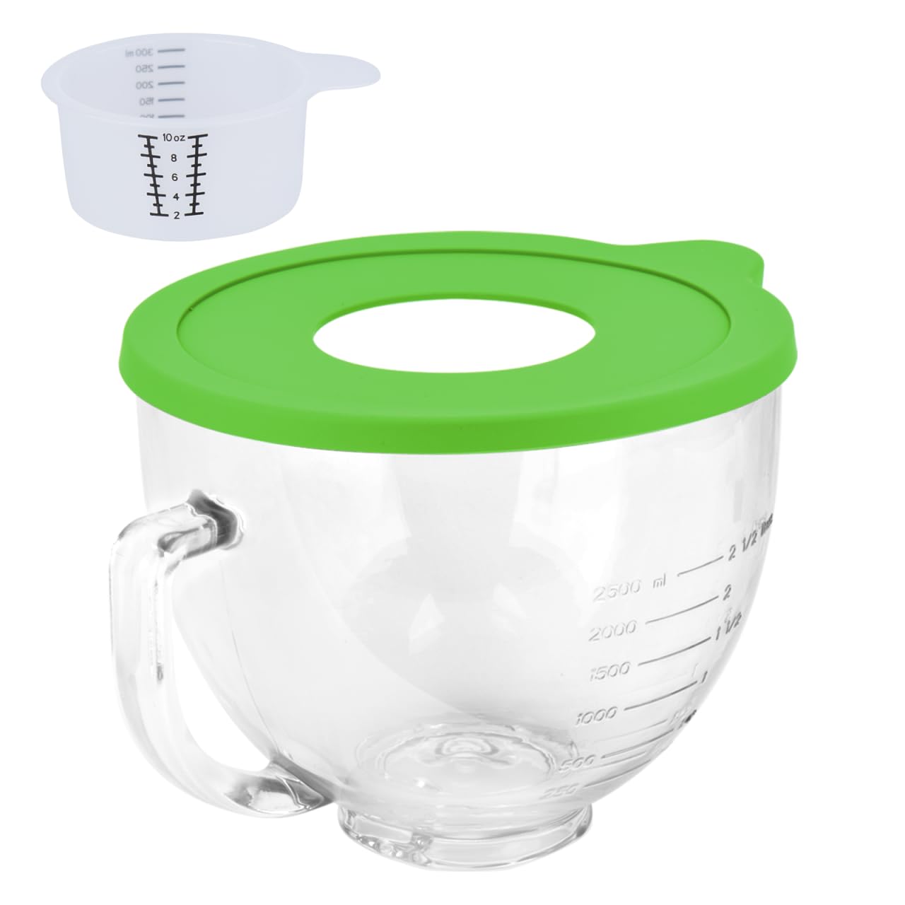 Kitwanda glass bowl for KitchenAid tilt-head with lid—pour spout enables clean pours.
