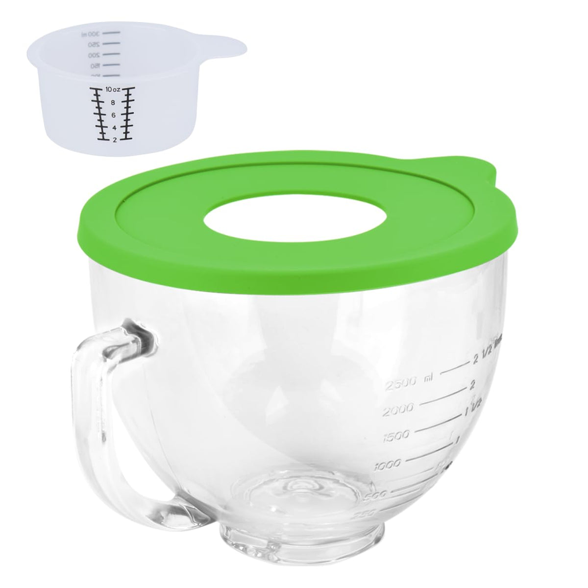 Kitwanda glass bowl for KitchenAid tilt-head with lid—pour spout enables clean pours.