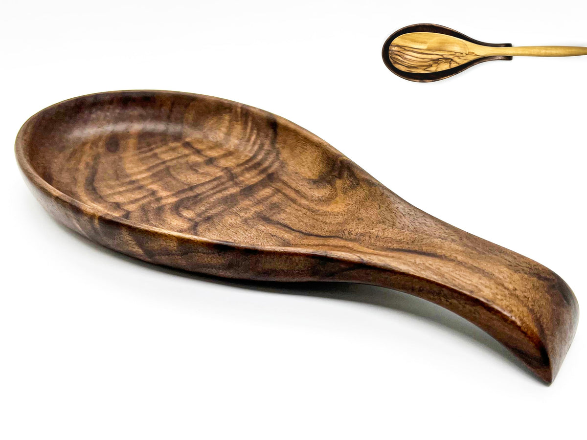 Kityemo walnut spoon rest, front view, highlights natural grain and countertop organization.