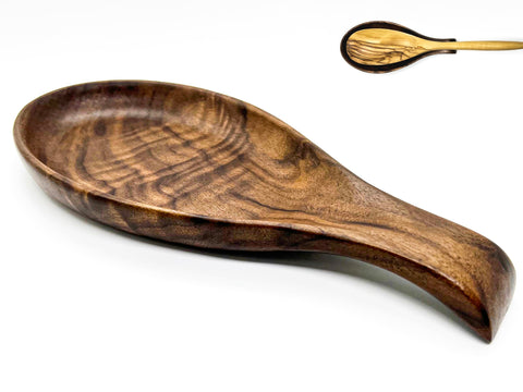 Kityemo walnut spoon rest, front view, highlights natural grain and countertop organization.