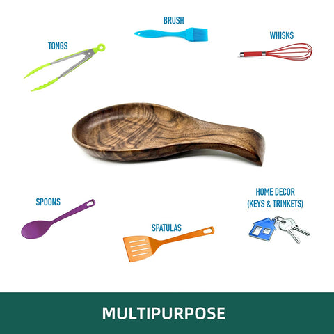 Kityemo walnut spoon rest on stovetop, catches drips while keeping utensils accessible.