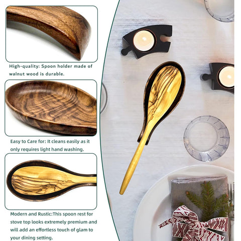 Kityemo walnut spoon rest with ladle and spatula, practical kitchen organization.