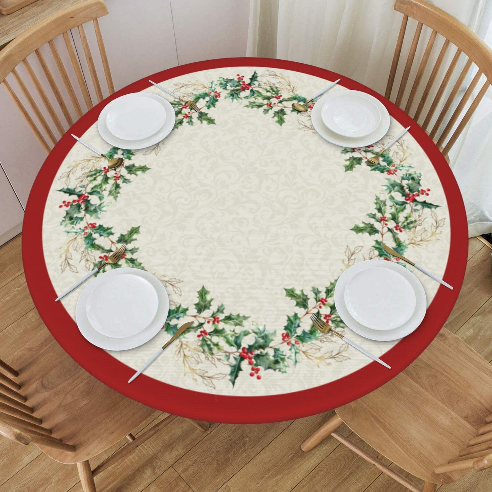 KiuLoam Christmas round tablecloth with winter-green-leaf pattern keeps festive tables neat.