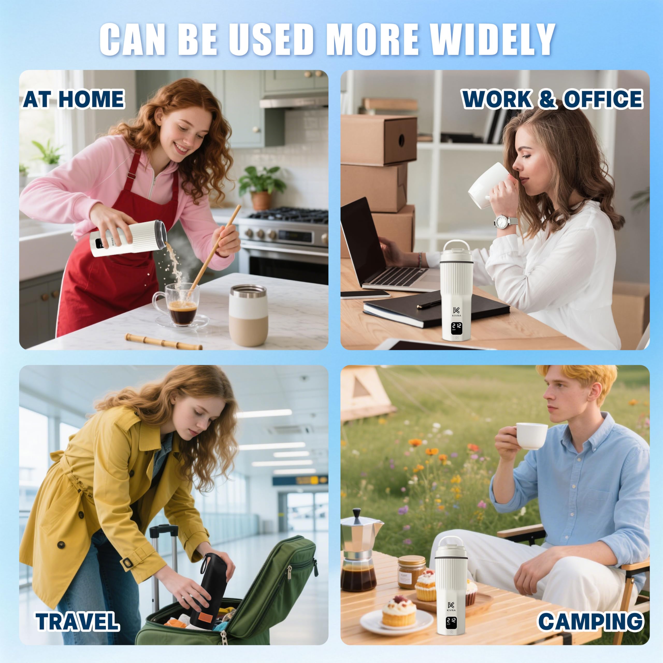 KIVRA Travel Kettle included accessories: cleaning brush and leather bag.
