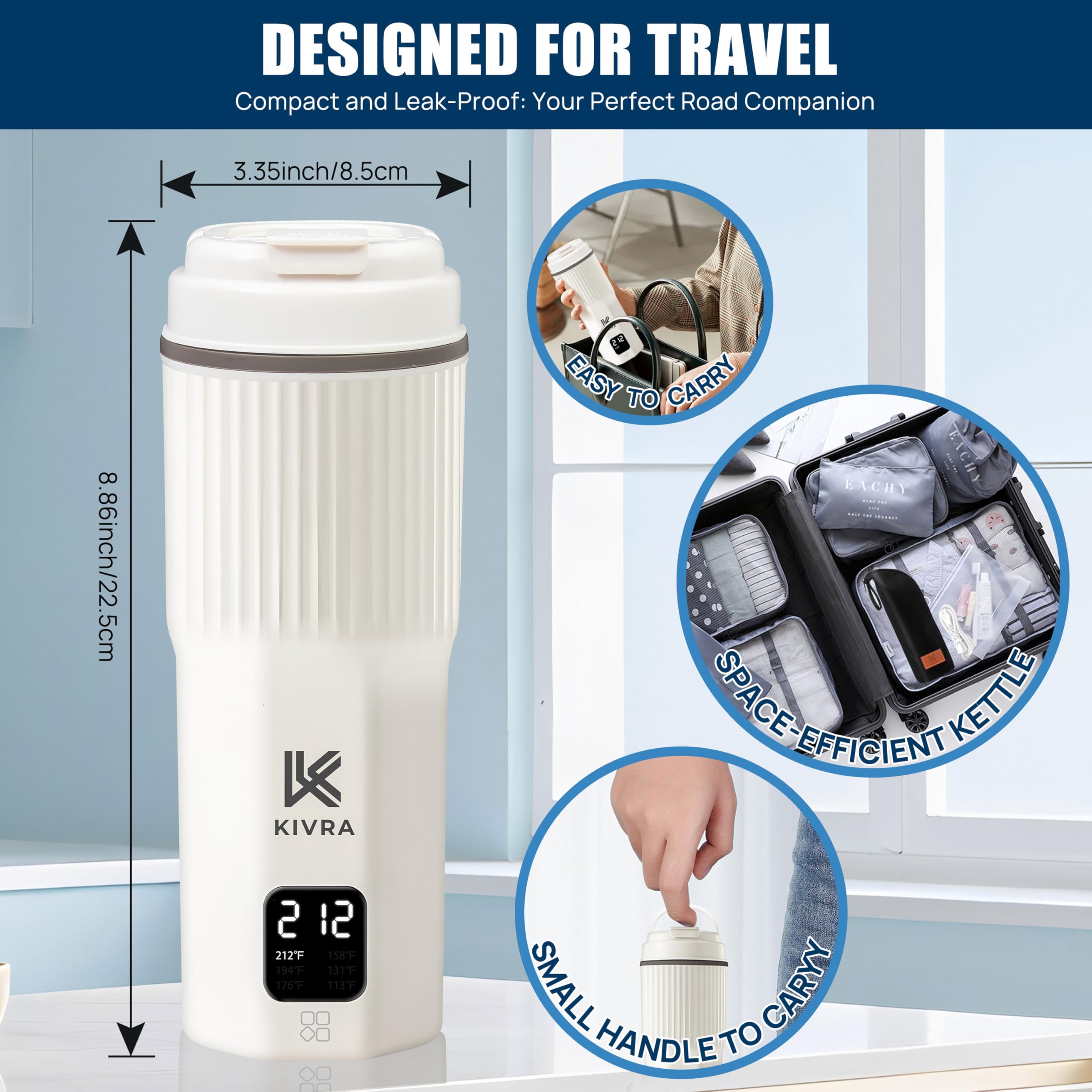 KIVRA Travel Kettle LCD display showing precise temperature control for drinks.