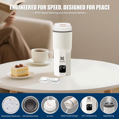 KIVRA Travel Kettle lid with steam vent enabling safe pouring.