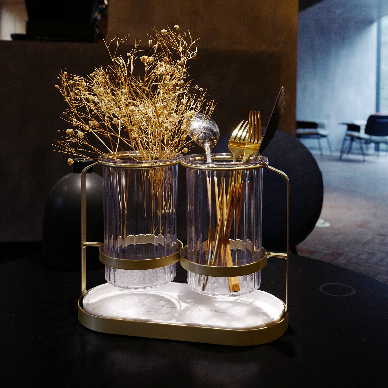 Kivsty Tabletop Flatware Organizer with Gold Stand adds elegant dining room organization