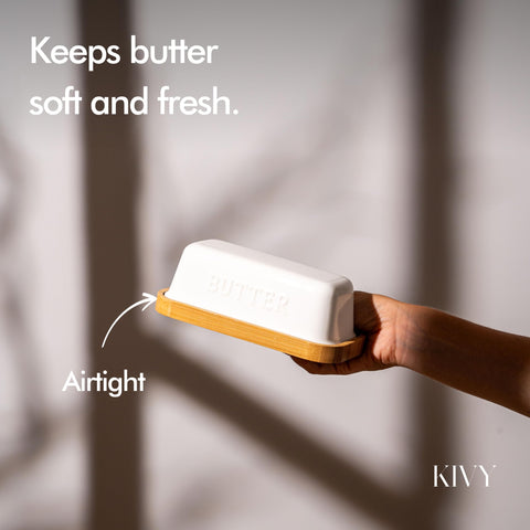 Close-up of KIVY airtight butter dish showing secure lid and seal