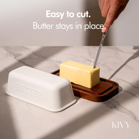 Airtight lid on the KIVY butter dish preserves freshness on the counter.