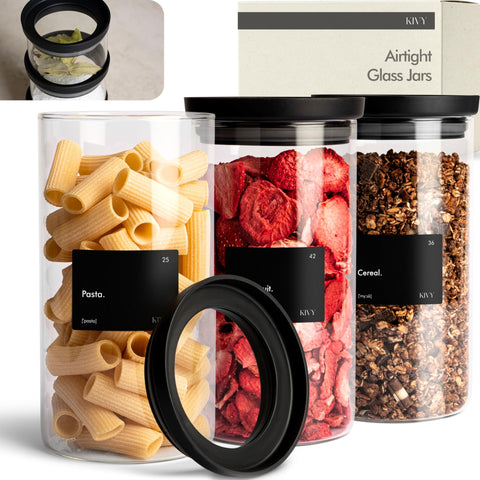 KIVY airtight glass jar 40oz front view with clear lid for quick pantry identification.