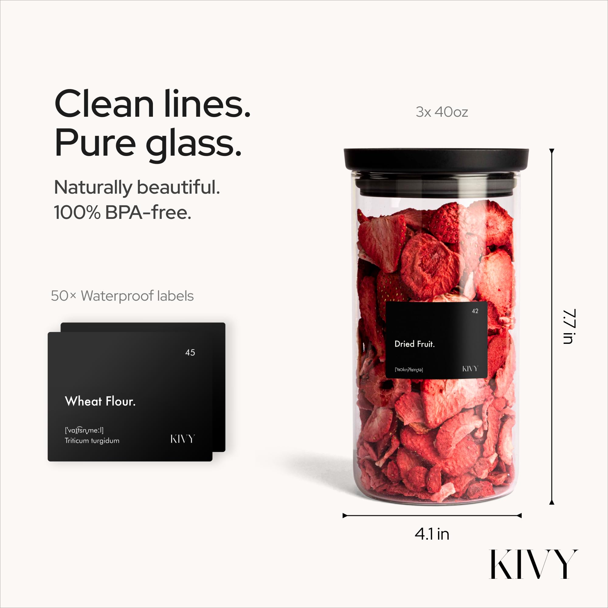 KIVY airtight glass jar 40oz stackable in-drawer setup saves space and keeps ingredients organized.