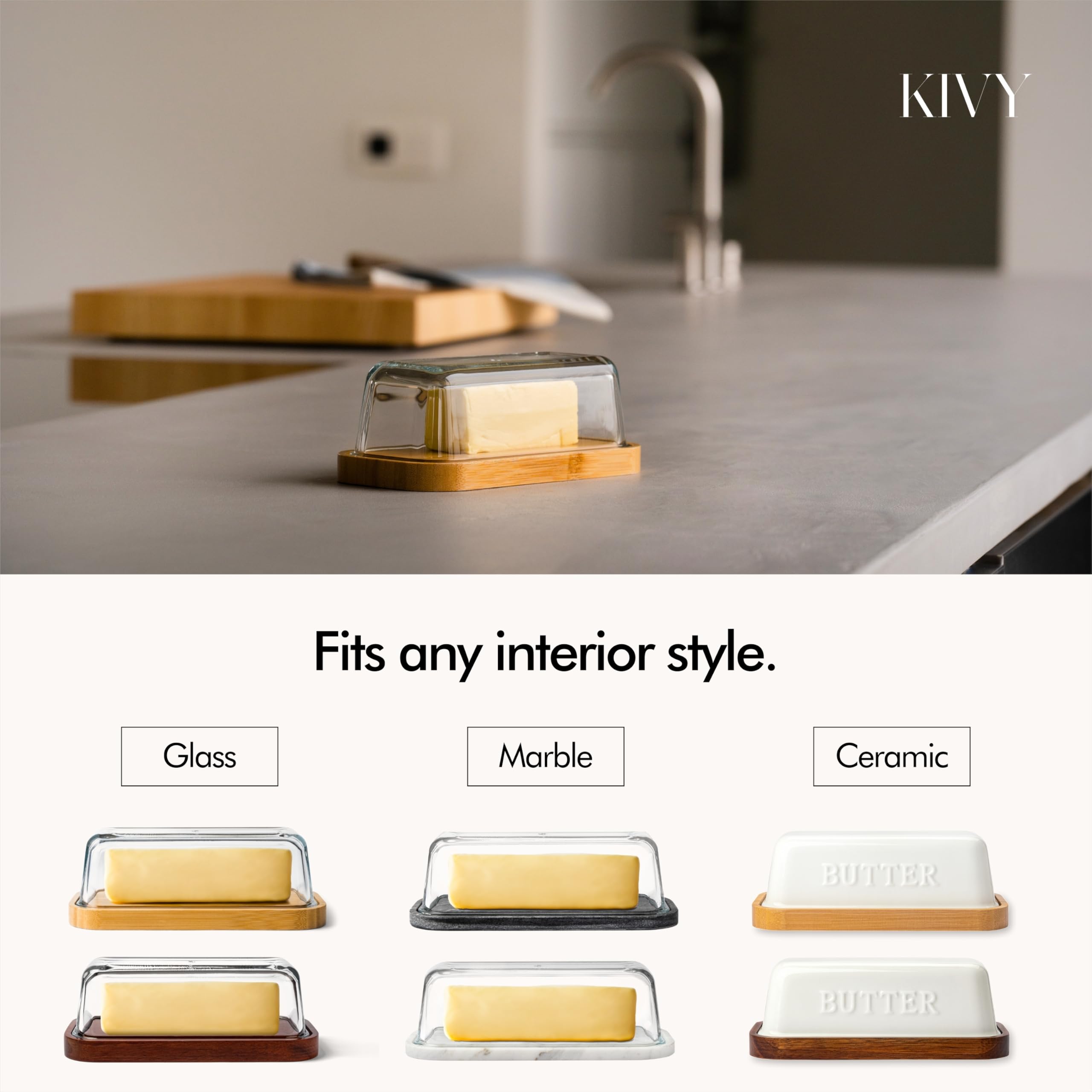 KIVY butter dish with bamboo plate holds butter securely for serving.