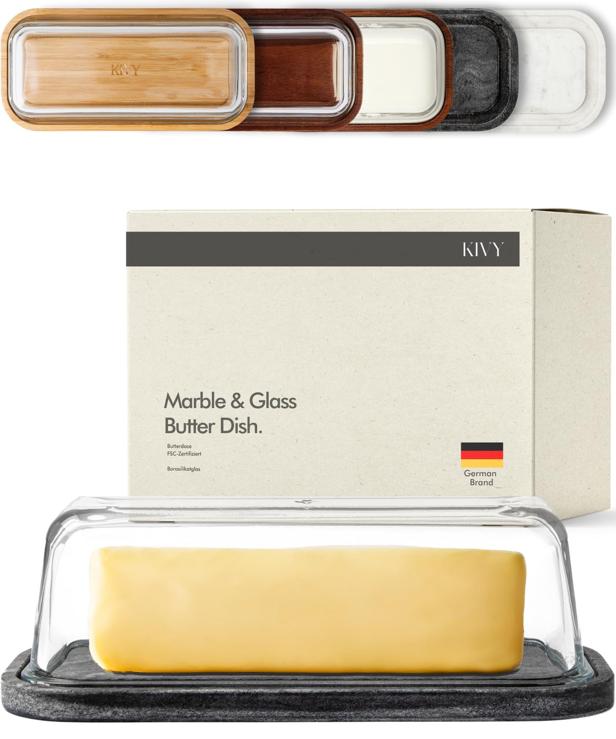 KIVY butter dish with black marble and glass lid for stylish countertop storage.