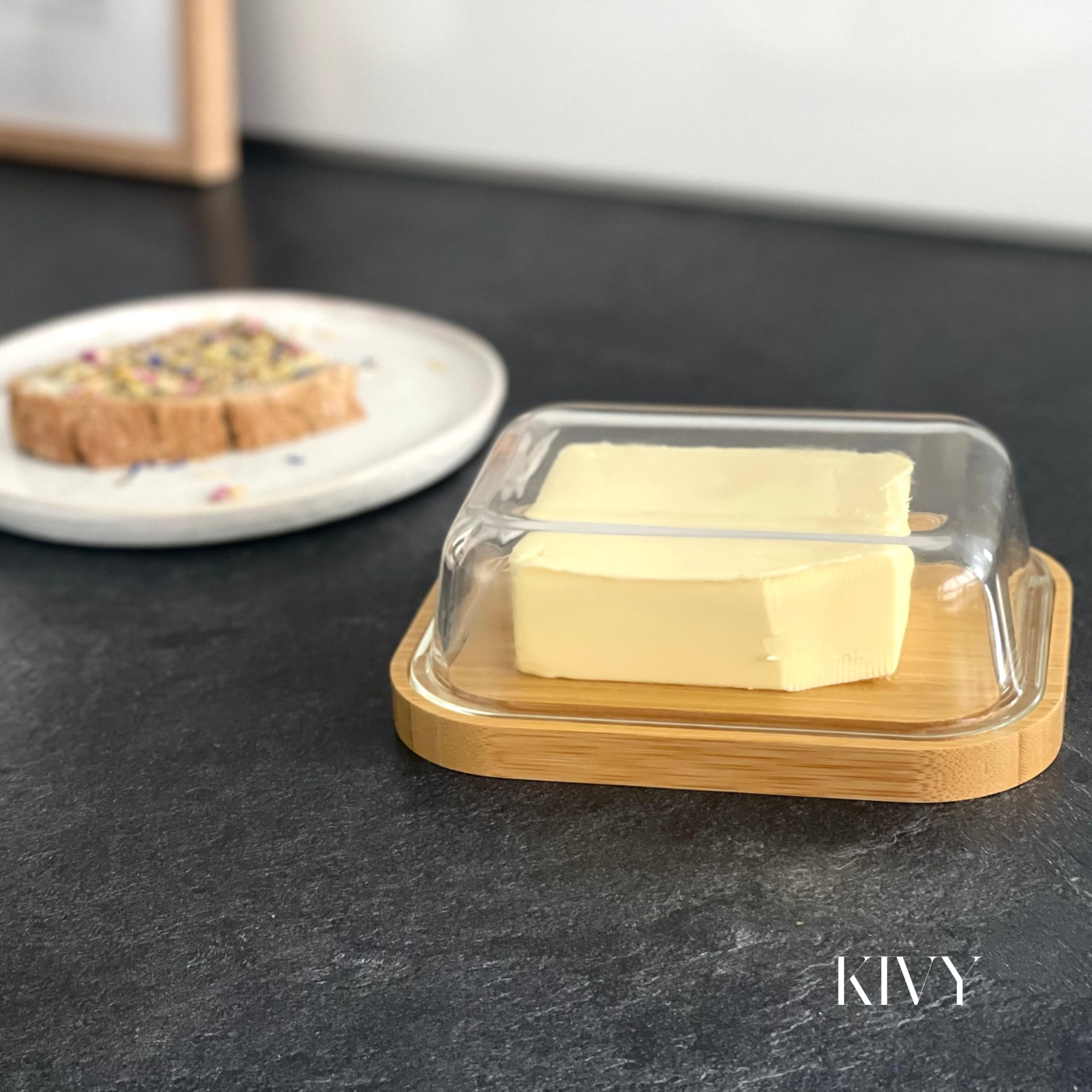 KIVY butter dish bamboo plate non-slip surface keeps butter steady