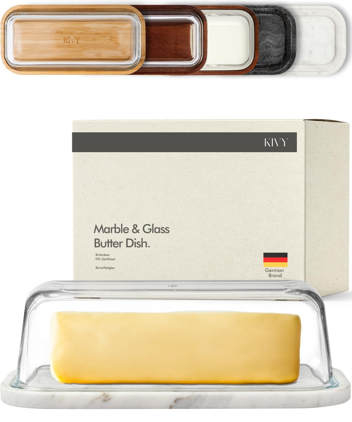 KIVY butter dish with white marble and glass lid keeps butter clean and accessible
