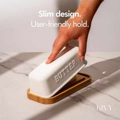 KIVY butter stays in place on wooden plate during cutting and serving