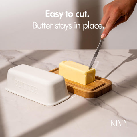 KIVY ceramic butter dish with dishwasher-safe lid for easy cleaning