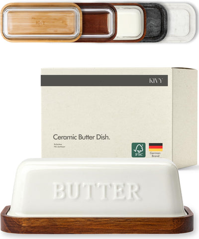 KIVY ceramic butter dish with lid on counter keeps butter soft and ready to spread.