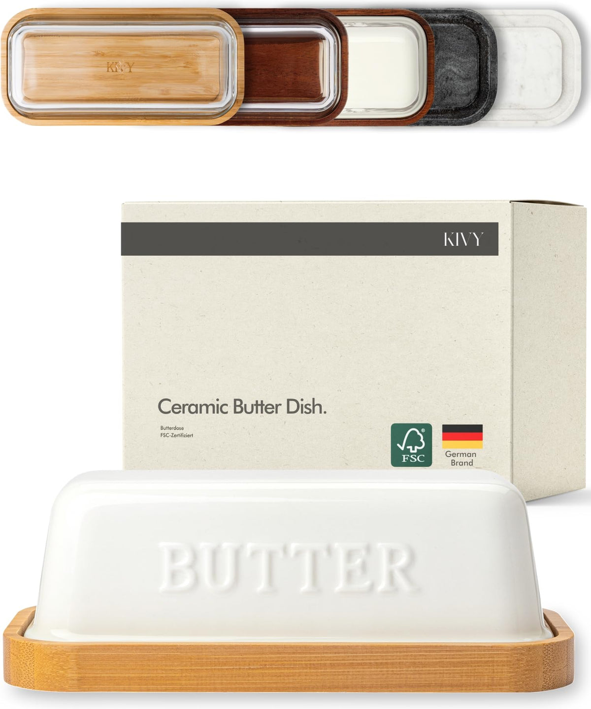 KIVY ceramic butter dish with lid on countertop keeps butter fresh and soft for spreading