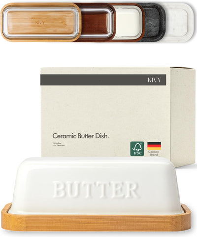 KIVY ceramic butter dish with lid on countertop keeps butter fresh and soft for spreading