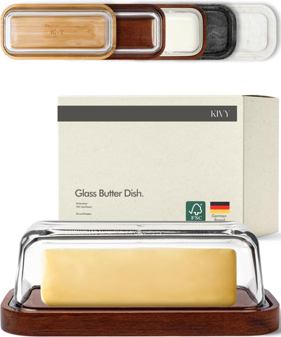 KIVY glass butter dish with airtight lid on countertop, keeps butter fresh.