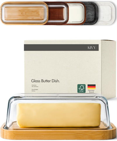 KIVY glass butter dish with lid on countertop preserves freshness.