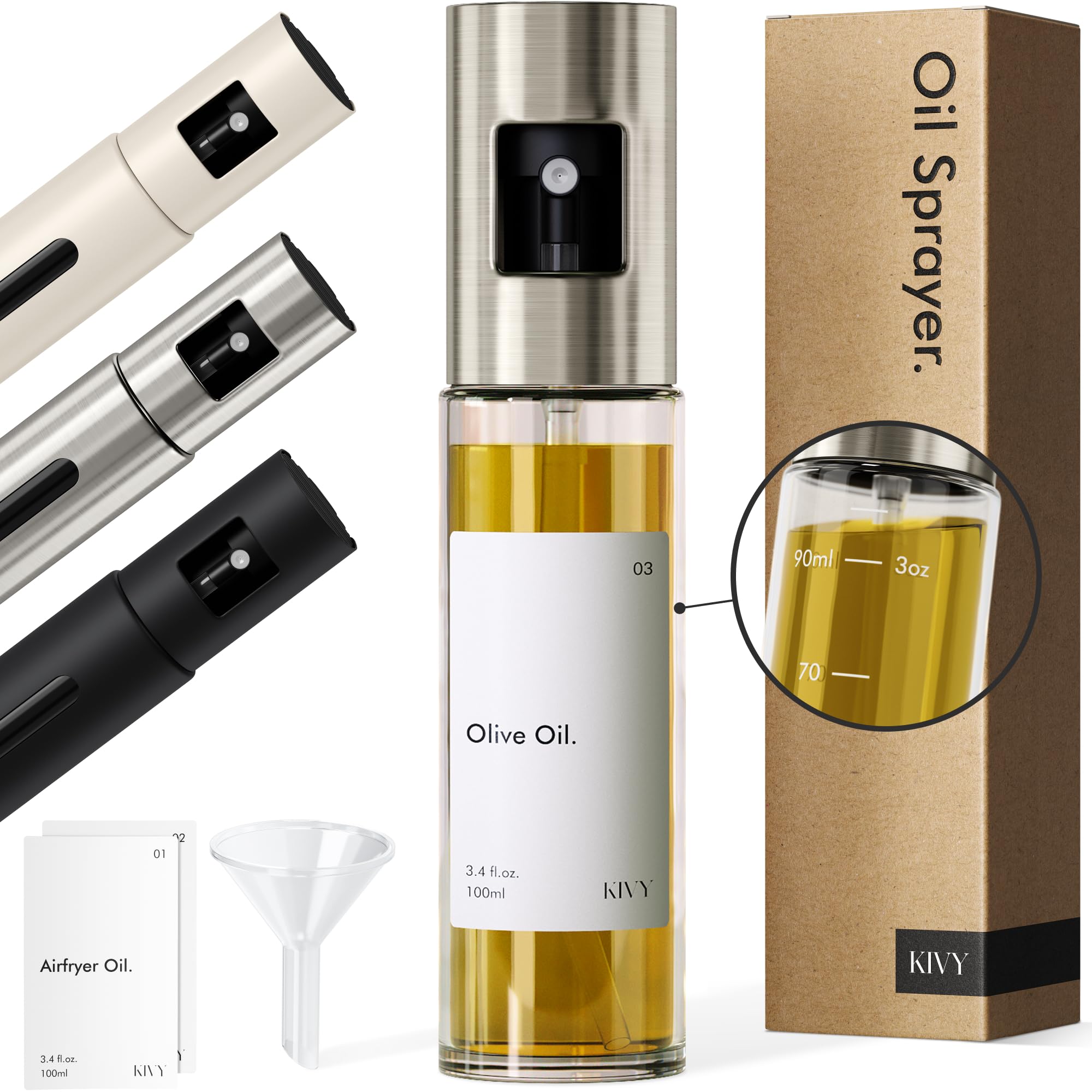 KIVY glass oil sprayer front view for precise dosing.