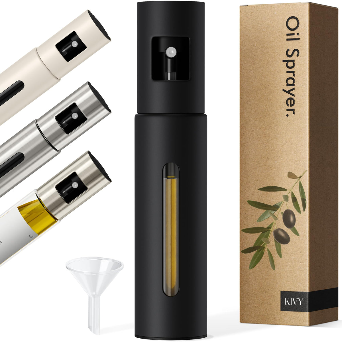 KIVY Glass Oil Sprayer front view with stainless steel body for freshness