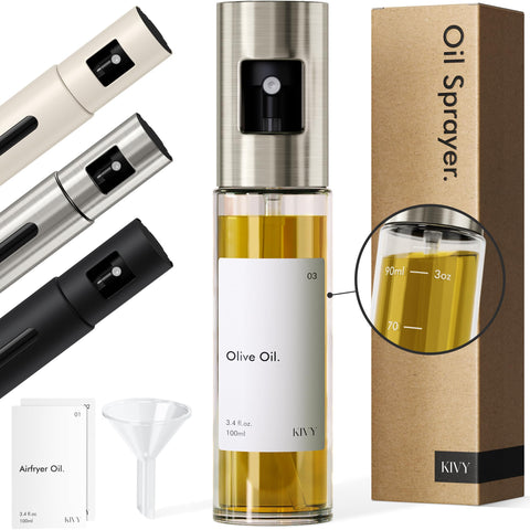 KIVY glass oil sprayer front view for precise dosing.