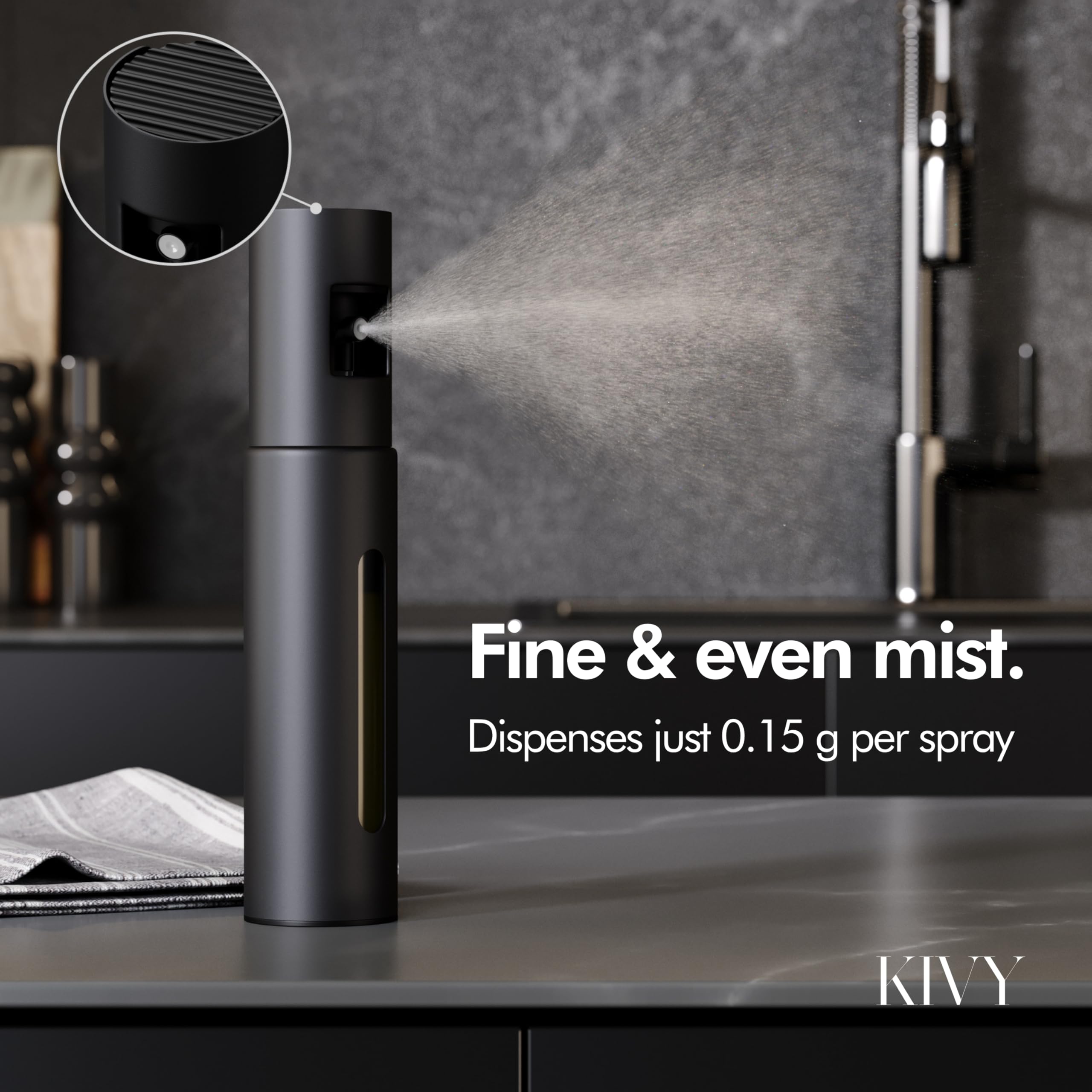 KIVY Glass Oil Sprayer nozzle and mist control enable precise dosing