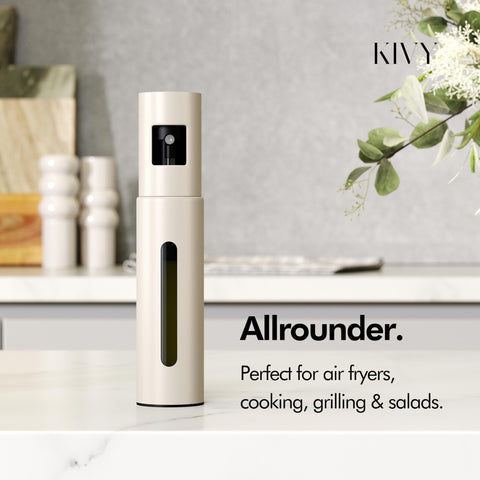 KIVY portion-control spray demonstrates controlled application for salads and grilling.